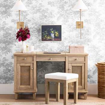 American Country-Style Vintage Solid Wood and Rattan Small Apartment Dressing Table with North American Oak Flip-Top Vanity and Integrated Writing Desk