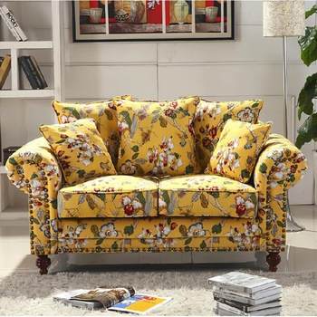 American Country Retro Floral Fabric French Pastoral Mediterranean Living Room Sectional Sofa European-Style Yellow-Green Cotton and Linen Sofa