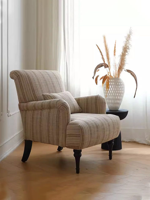 American retro tiger chair French simple striped high back cotton linen fabric single sofa chair lazy sofa chair