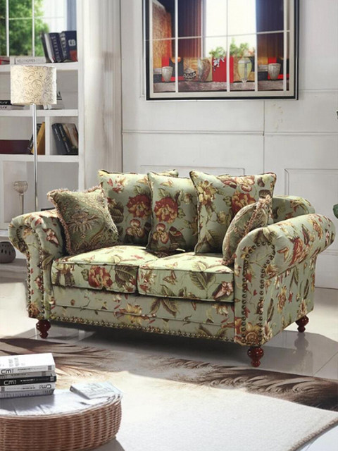 American country retro floral fabric French pastoral Mediterranean living room combination sofa European yellow green cotton and linen sofa