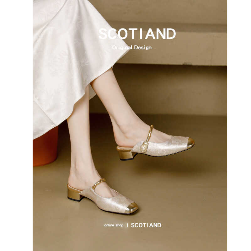 New Chinese Style Genuine Leather Women's Mules 2026 Spring/Summer New Closed-Toe Half Slippers for Women Outdoor Wear Mules Single Shoes