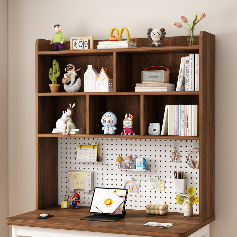 Wooden Bookshelf with Pegboard Integrated into the Computer Desk, Storage Shelf Above the Desk, Student Desk Storage Cabinet, Multi-Layer Storage Rack Wooden Bookshelf with Pegboard Integrated into the Computer Desk, Storage Shelf Above the Desk, Student Desk Storage Cabinet, Multi-Layer Storage Rack
