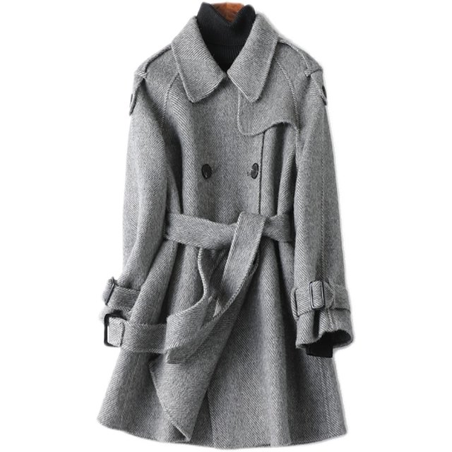 Woolen coat ແມ່ຍິງກາງ-ຍາວຂອງເກົາຫຼີສາຍແອວຂະຫນາດນ້ອຍ style 2024 ໃຫມ່ສູງສອງດ້ານເສື້ອຄຸມແມ່ຍິງ cashmere