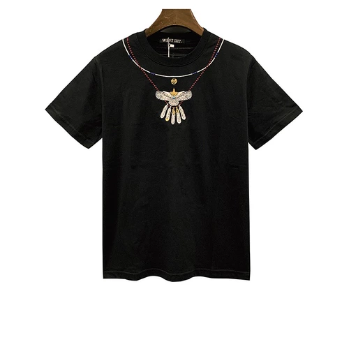 Брендовая бирюзовая этническая летняя футболка для влюбленных, европейский стиль, этнический стиль, с вышивкой, короткий рукав