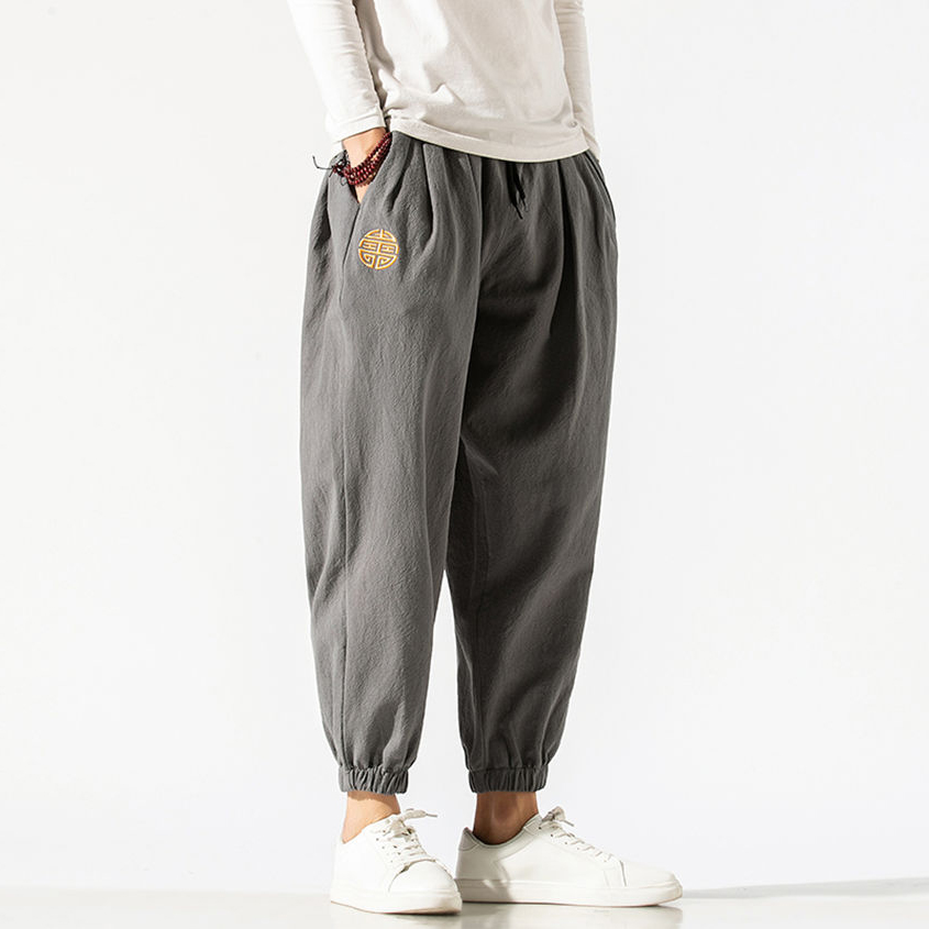 GM trendy linen Haren pants men's national tide embroidery nine points summer men's casual pants bunched feet loose large size