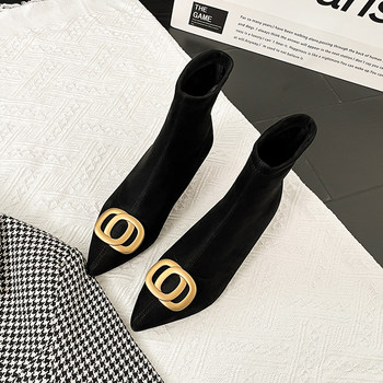 Pointed toe sock boots for women 2025 new elastic black high-heeled short boots french velvet rhinestone mid-heeled slimming boots