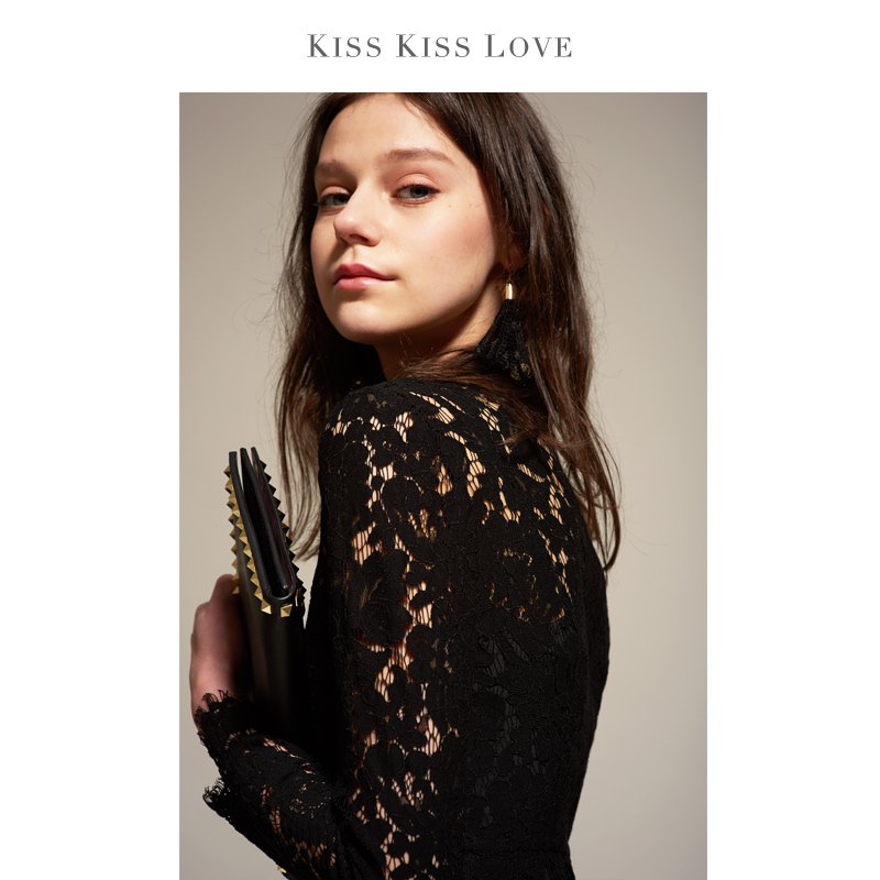Kiss Kiss Love European and American Lace Dress Black Long-Sleeved Lace Dress One-Piece Dress Lace Mini Dress