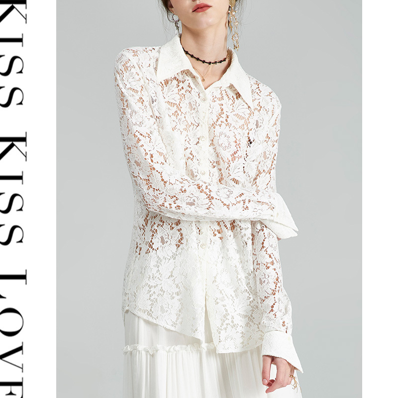Kiss Kiss Love Spring and Summer New Women's Lace Top Cut Out White Long-Sleeved Lace Shirt Shirt