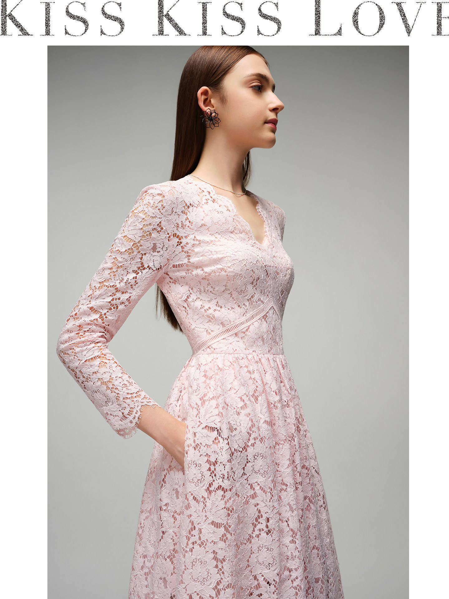 Kiss Kiss Love European and American Lace Dress Black Long-Sleeved Lace  Dress One-Piece Dress Lace Mini Dress
