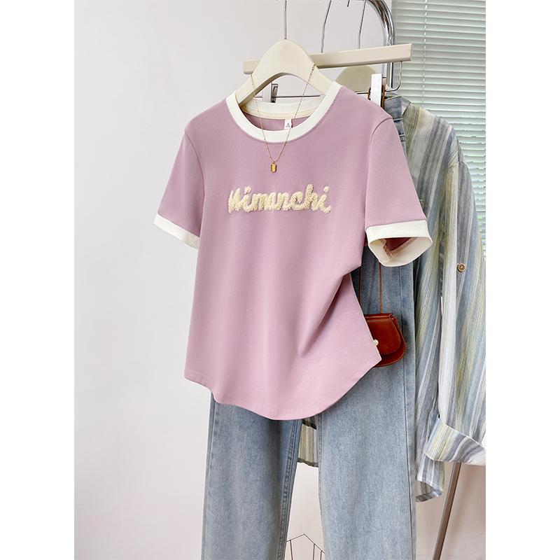 Dopamine Flocking Embroidered Letter Short-Sleeve Women's Color-Block Round Neck Versatile T-Shirt, Height-Enhancing Short Casual Top