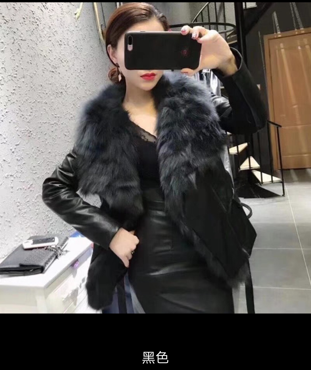 Mùa đông 2018 của phụ nữ đẹp trai phụ nữ đẹp trai lông cổ áo lông xù thắt lưng phụ nữ da đen áo da trắng