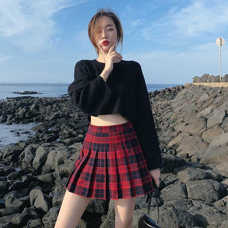 Christmas plaid skirt plaid pleated skirt small skirt female new high waist large size a-line skirt red skirt student