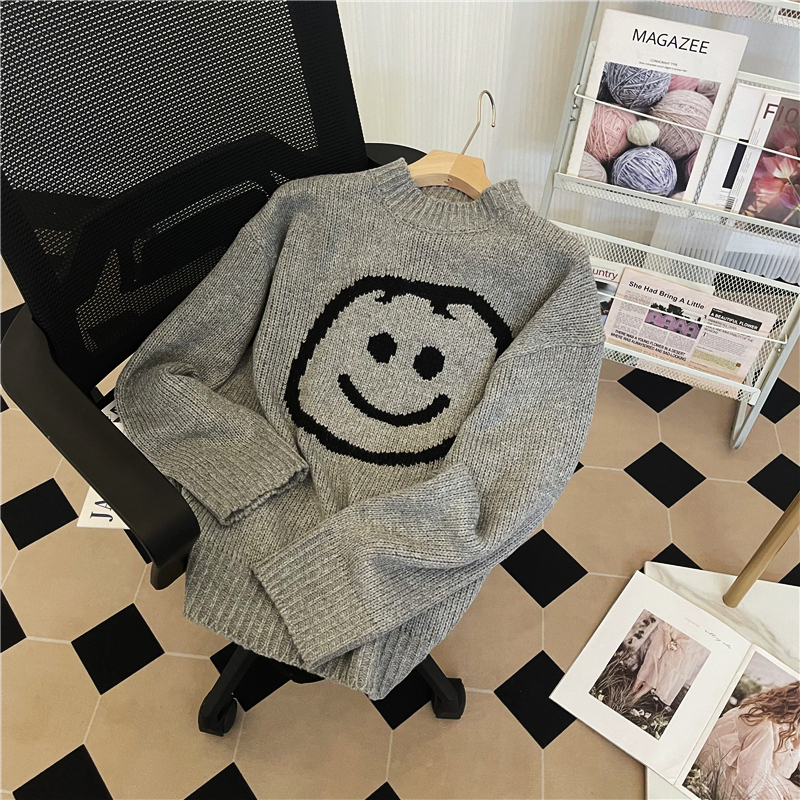 Smiley Face Sweater Jacket for Women, Autumn and Winter Outerwear, Korean Style, Preppy Style, Zipper, Soft and Loose, Lazy Knit Pullover