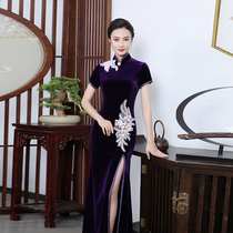 Chinese style improved cheongsam 2021 new high-end show big size short sleeve gold velvet elegant choir