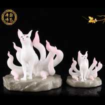 Nine-tailed Fox Fairy Lady statue White marble statue Lingxian enshrined Phoenix nine little foxes sitting pink purple white fox ornaments