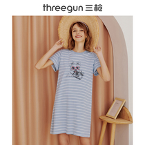 Three gun night dress womens home skirt spring and summer round neck Xinjiang cotton pure cotton stripe printing breathable pajama night dress