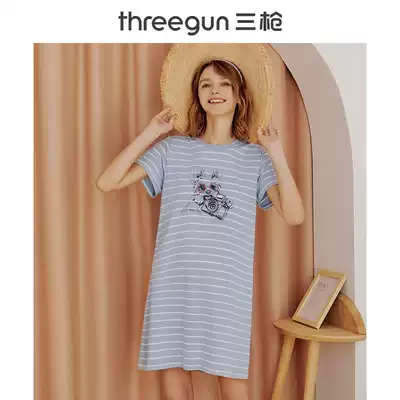 Three-shot nightdress lady home dress spring and summer round neck Xinjiang cotton cotton cotton striped print breathable pajamas nightgown