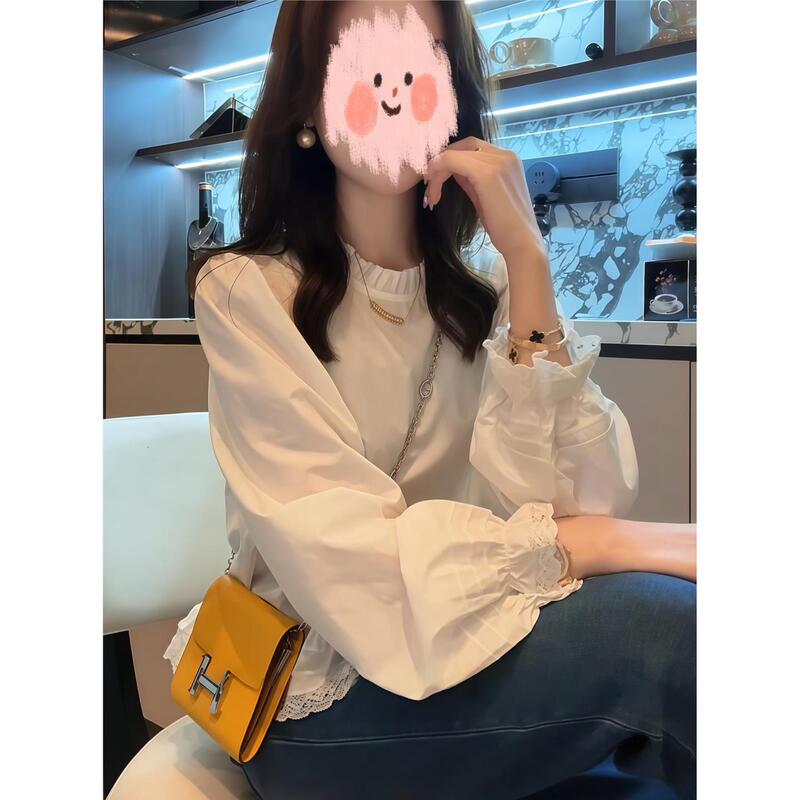 Lace-Trimmed Long-Sleeved White Shirt for Women 2025 New Autumn Lace Round Neck Puff Sleeve Shirt Loose Top