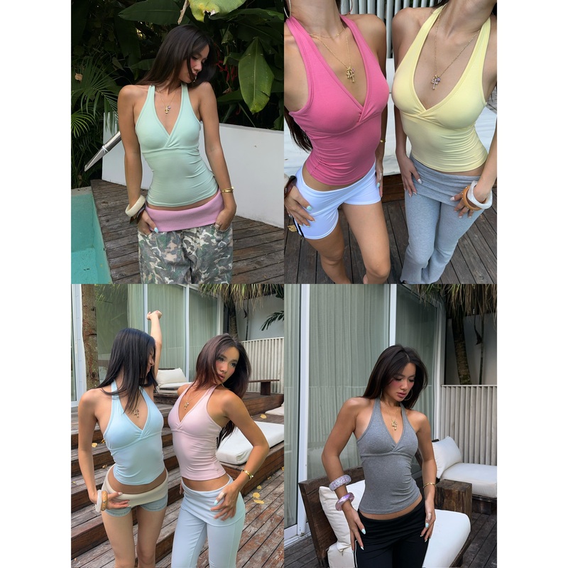 Kkshop Summer Colorful Series! American Retro 2026 Summer New V-Neck Halter Top Spicy Girl Multi-Color Top