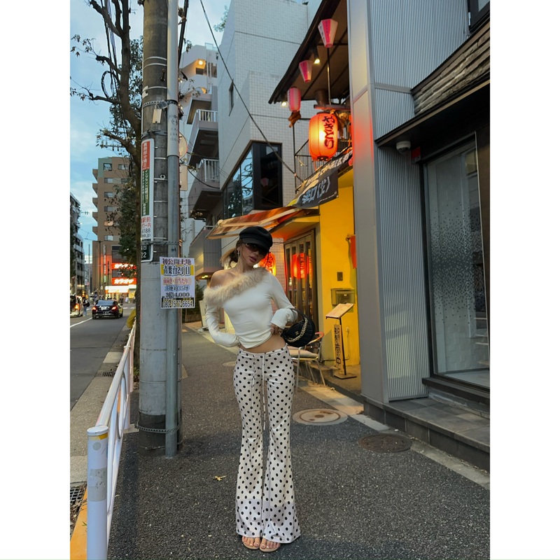 Kkshop Retro Polka Dot Aesthetic Outfit~ Vintage Sweet and Spicy Low-Waist Tie-Up Flared Pants Fashionable Slimming Long Pants