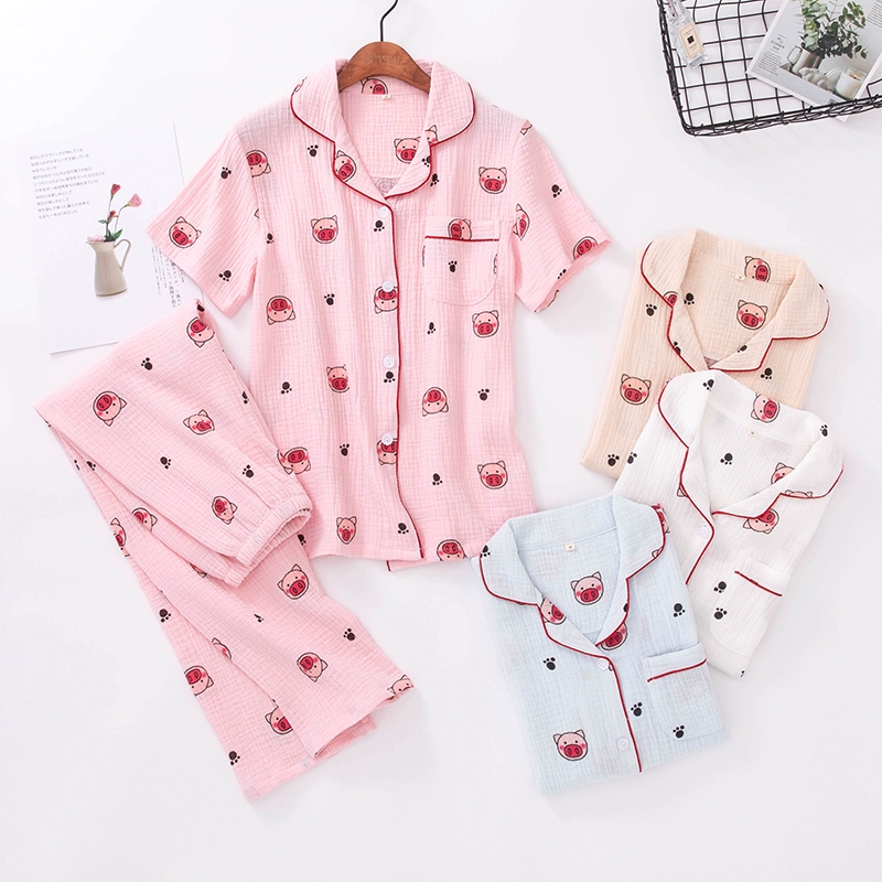 Mùa hè cotton gạc đồ ngủ của phụ nữ quần ngắn tay cardigan giặt crepe phim hoạt hình dễ thương dịch vụ nhà phù hợp với lỏng lẻo - Cha mẹ và con