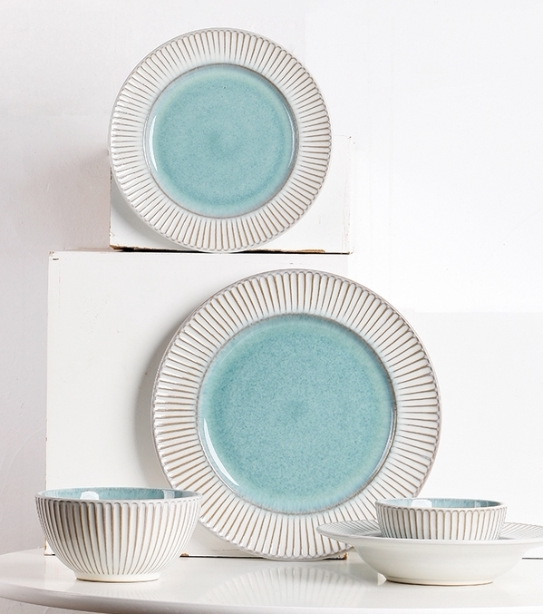 Kiln-Fired Plate Bowl, Fresh Green Steak Plate, Western Food Plate, Rice Bowl, Noodle Bowl