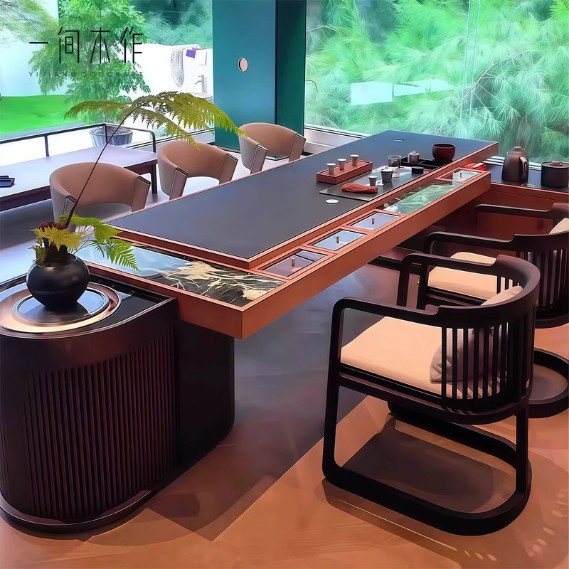 New Chinese-Style Slate Tea Table and Chairs, North American Black Walnut Wood Tea Table with Mountain View Design, Multifunctional Song-Style Aesthetic Office Tea Table