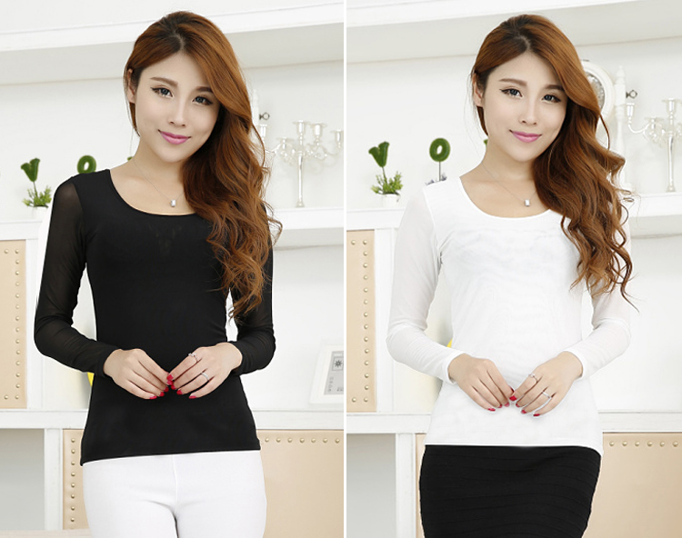 Đáy áo dài tay của phụ nữ t-shirt 2016 mùa xuân và mùa thu nụ lụa gạc phần mỏng cổ tròn phần ngắn Slim áo sơ mi kích thước lớn áo sơ mi nhỏ áo phông nữ có cổ