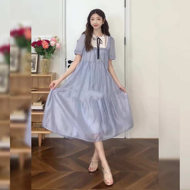 Plus Size Women's Summer New Lace Bow Doll Dress Korean Style Loose Puff Sleeve Cake Long Skirt