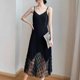 2022 new large size women's summer hollow stitching pleated long skirt fat sister cover belly and look thin suspender dress