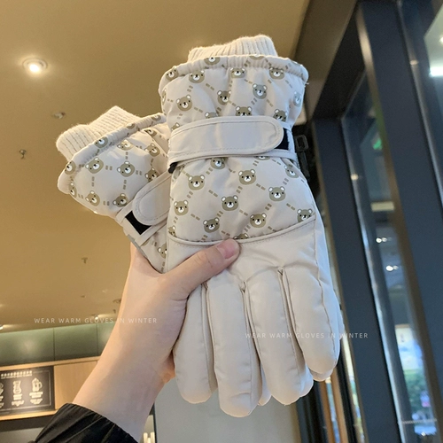 Лыжные демисезонные перчатки, удерживающий тепло комплект, нескользящий водонепроницаемый электромобиль для велоспорта, с медвежатами