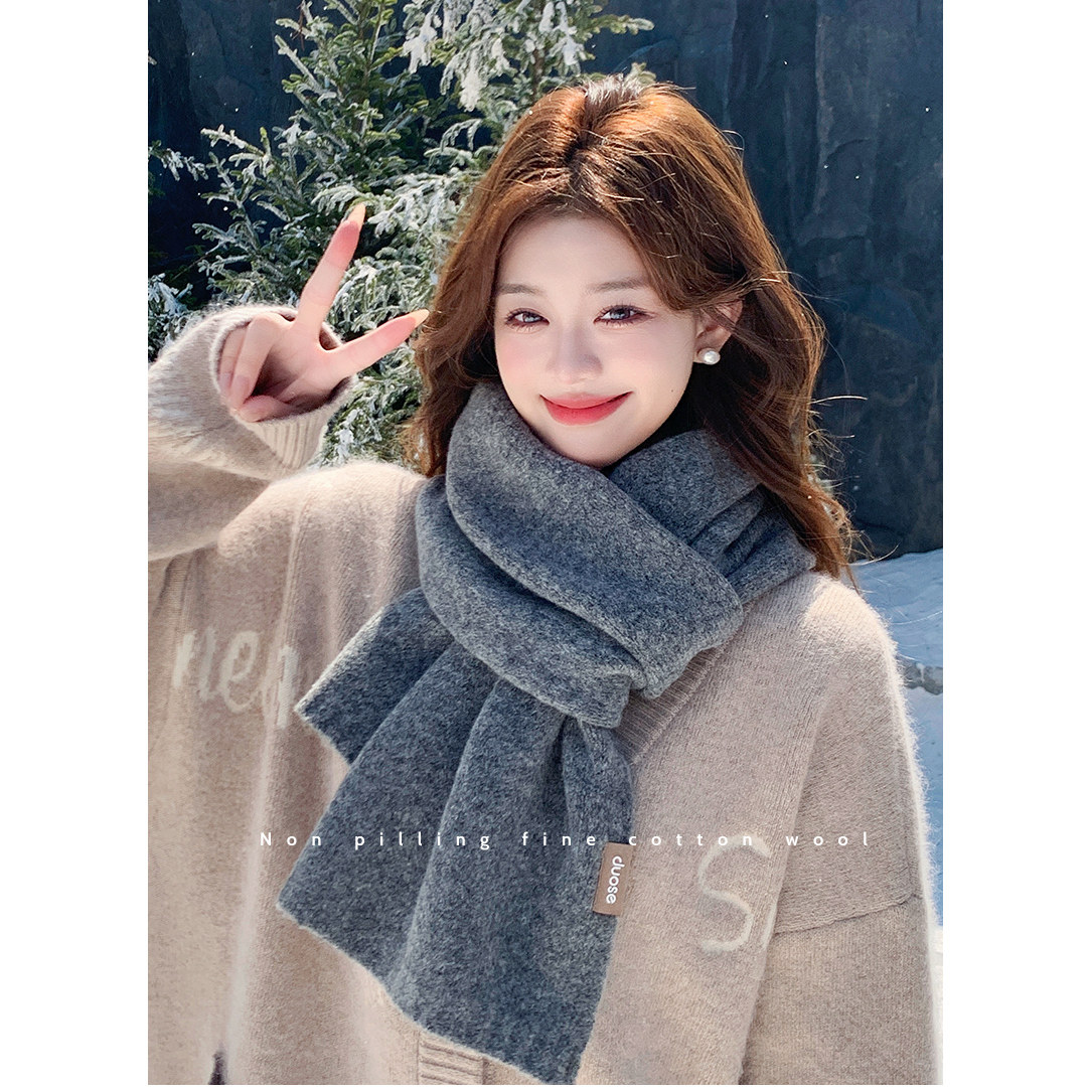 Wool Scarf for Women, Winter 2025 New Korean Style, Versatile Solid Color Knitted Warm and Cold-Proof Neck Scarf