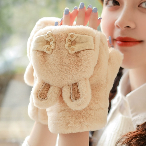 Перчатки, зимний милый удерживающий тепло флисовый бархатный комплект, в корейском стиле, без пальцев, увеличенная толщина