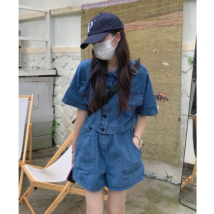 Retro Hong Kong flavor two-piece short denim jacket top women's summer wide-leg shorts casual denim suit tide