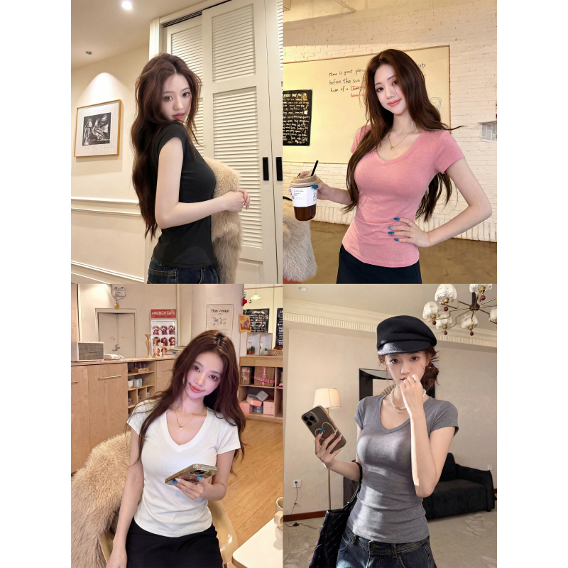 Niche Soft and Casual Slimming V-Neck Short-Sleeve Women's Summer Lyocell T-Shirt, Simple and Slim-Fit Pullover Pink Top Niche Soft and Casual Slimming V-Neck Short-Sleeve Women's Summer Lyocell T-Shirt, Simple and Slim-Fit Pullover Pink Top