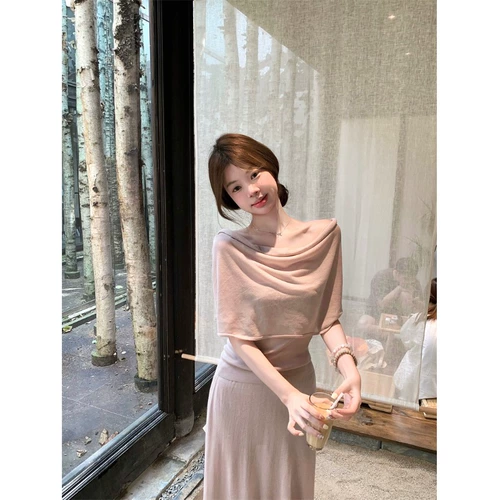 Комплект, трикотажный летний свитер, юбка, высокая талия, А-силуэт