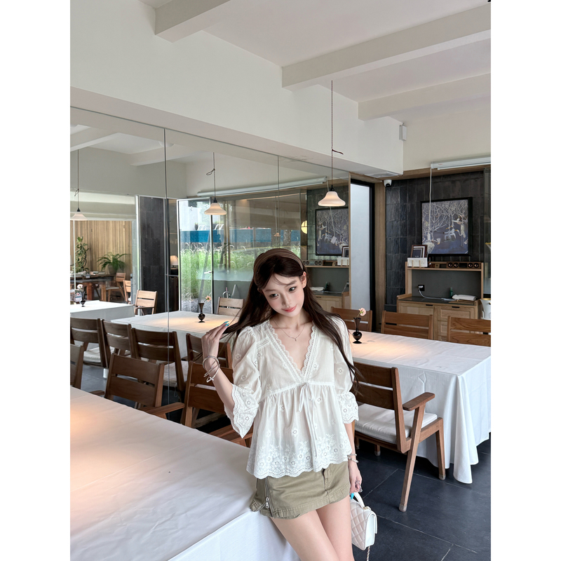 French Style White Lace Trim Three-Quarter Sleeve Shirt for Women, Summer Loose Chic Top with Waist Tie Shirt French Style White Lace Trim Three-Quarter Sleeve Shirt for Women, Summer Loose Chic Top with Waist Tie Shirt