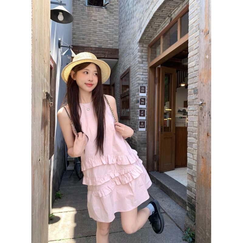 Pink Sweet Style Niche Ruffled Tank Dress for Women, New Summer Model, Age-Reducing Round Neck Chic Slimming Short Dress