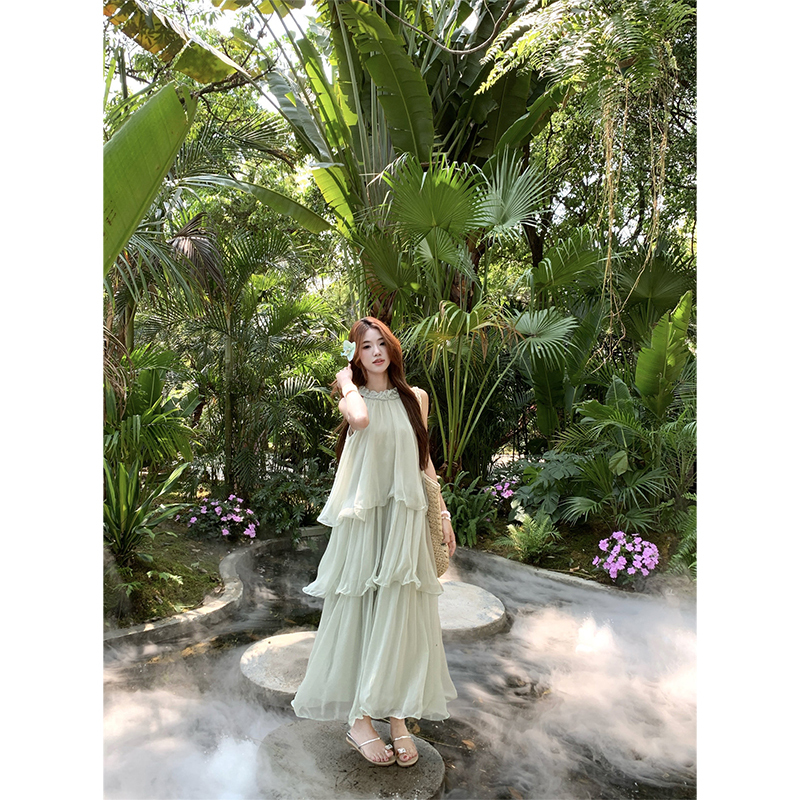 Beach Vacation Style Pea Green Design Halter Neck Dress for Women, Summer French Style Loose A-Line Long Dress