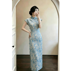 Blue New Chinese-Style Cheongsam 2026 New Summer Retro High-End Dress That Young Women Can Wear to Work