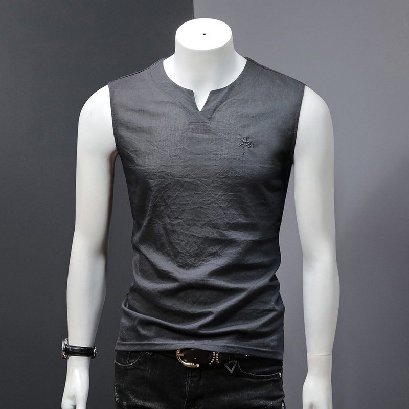 Men's Embroidered Silk Cotton V-Neck Thin Summer Undershirt, Trendy Sports Vest, Sleeveless Wide-Shoulder T-Shirt, Men's Vest