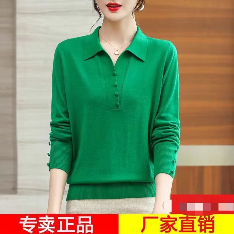 Spring and Autumn Thin Pullover Solid Color Long-Sleeve T-Shirt for Women, Polo Collar, New Loose Button-Down Knitted Top for Mothers Spring and Autumn Thin Pullover Solid Color Long-Sleeve T-Shirt for Women, Polo Collar, New Loose Button-Down Knitted Top for Mothers