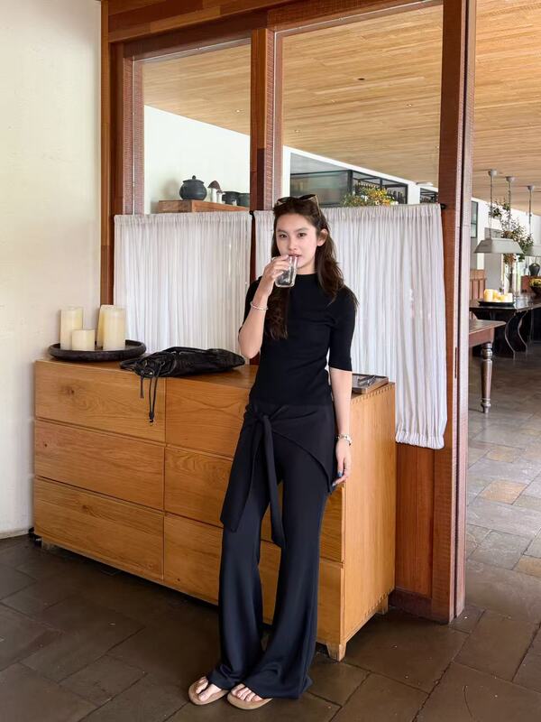 Fake Two-Piece Tie-Up Skirt Pants for Women, 2026 Autumn New Design, High-Waisted, Slimming, Casual Flared Pants Gp8650