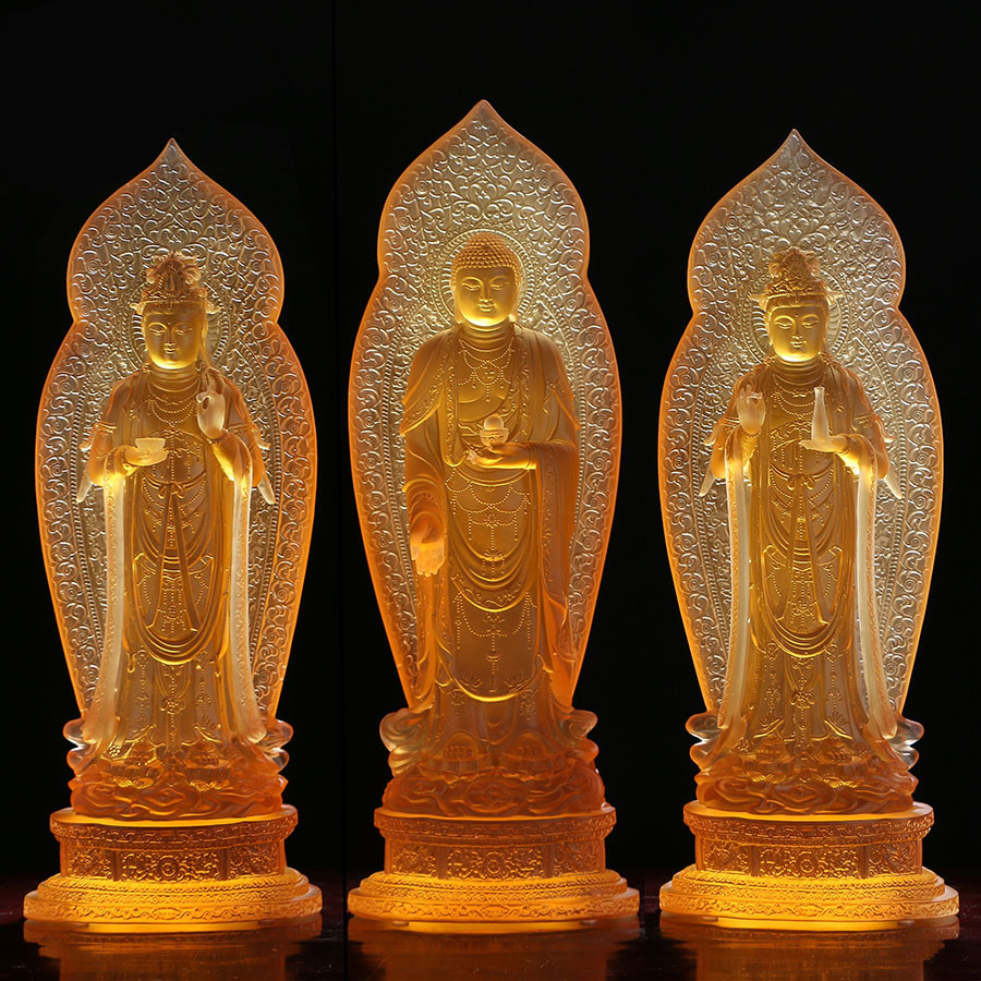 Ancient glass glazed Buddha statue Western three holy standing statue Amitabha Buddha living room worship the general trend to the town house Guanyin Bodhisattva statue