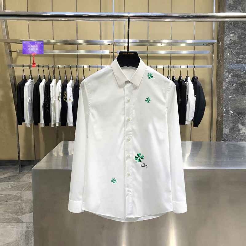 2026 Autumn New Lapel Four-Leaf Clover Embroidered Shirt Men's Light Luxury Minimalist Slim-Fit Business High-End Shirt