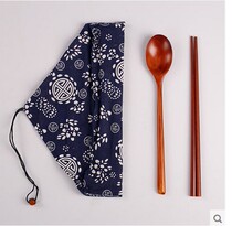 Japanese style wooden chopsticks spoon set Travel portable Japanese tableware Floral bag three-piece set Student