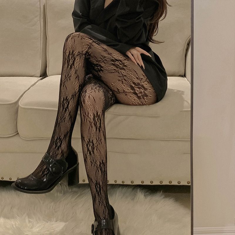 Spring Fairy Style Hollow Lace White Stockings with Black Fishnet Stockings, Thin and Sexy Pantyhose for Women