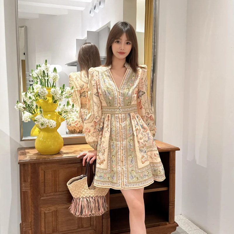 Zimm Australian Luxury Clothing High-End 26 Spring/Summer Floral Print Lantern Sleeve New Long-Sleeve Waist-Cinching Short Dress for Women Zimm Australian Luxury Clothing High-End 26 Spring/Summer Floral Print Lantern Sleeve New Long-Sleeve Waist-Cinching Short Dress for Women