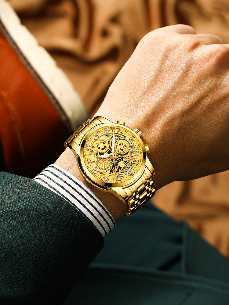Genuine Brand Swiss Watch Men's Pure Gold Mechanical Watch Fully Automatic Waterproof Luminous Men's Gold Watch Rose Gold