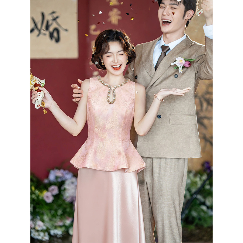 Pink Engagement Dress Set, Fairy-Like New Chinese Style Toast Dress, Homecoming Morning Gown, Chanel-Style Coming-Of-Age Dress Pink Engagement Dress Set, Fairy-Like New Chinese Style Toast Dress, Homecoming Morning Gown, Chanel-Style Coming-Of-Age Dress